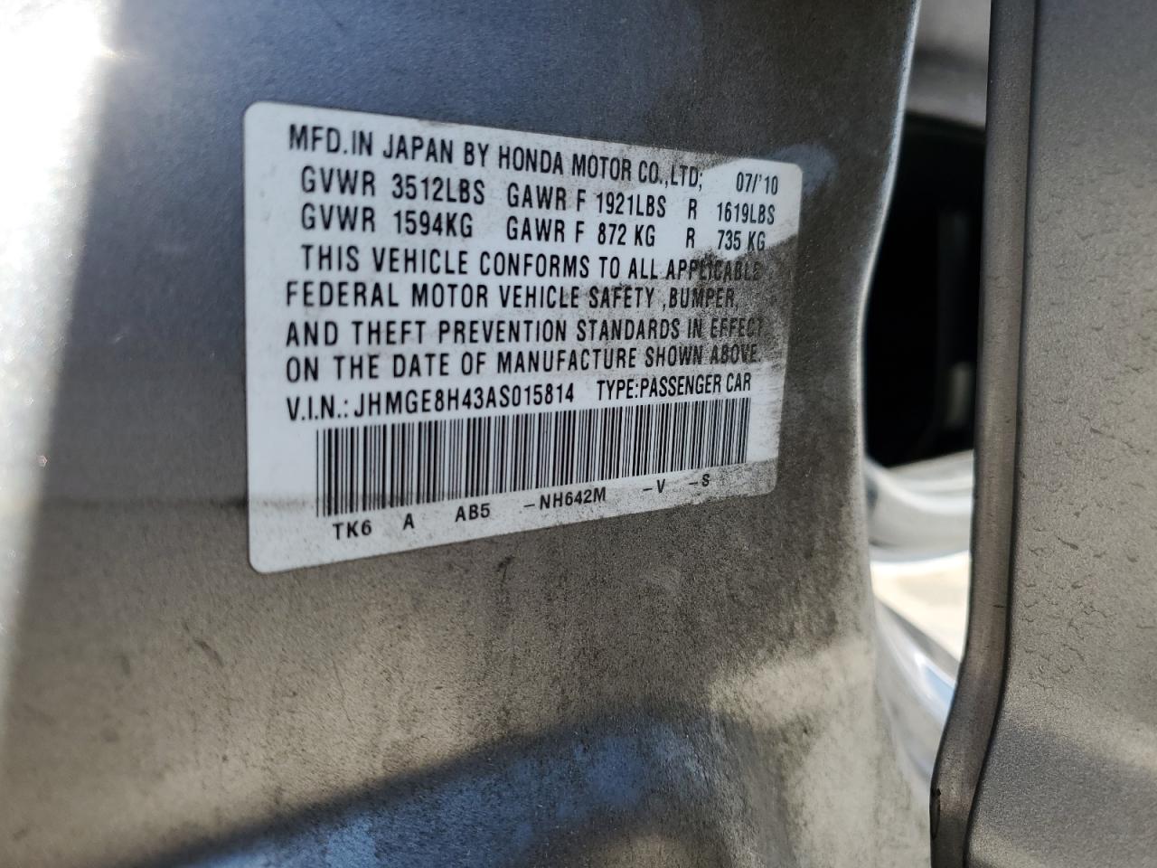 2010 Honda Fit Sport VIN: JHMGE8H43AS015814 Lot: 85172535