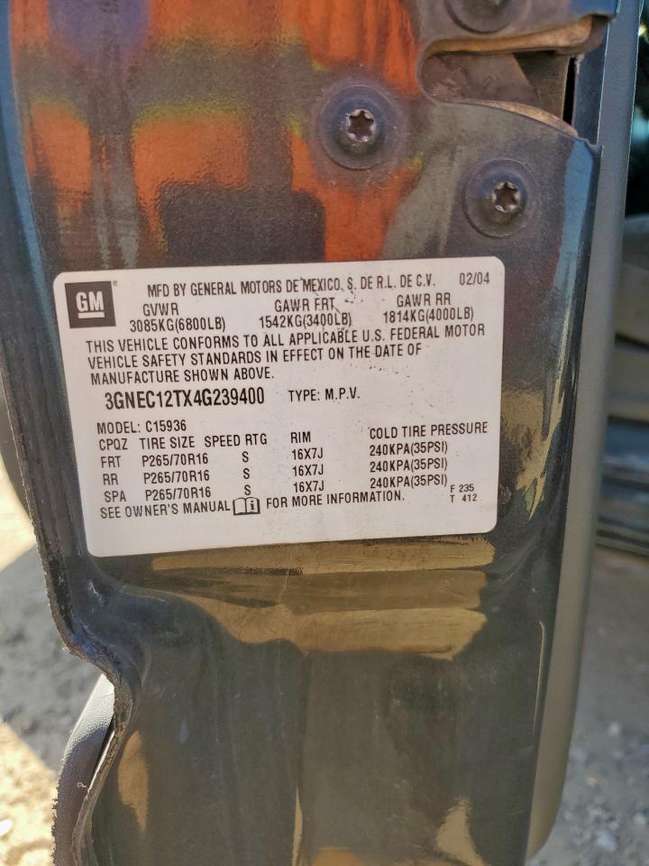 2004 Chevrolet Avalanche C1500 VIN: 3GNEC12TX4G239400 Lot: 84883375