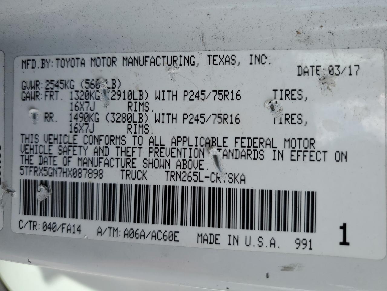 2017 Toyota Tacoma Access Cab VIN: 5TFRX5GN7HX087898 Lot: 84563675