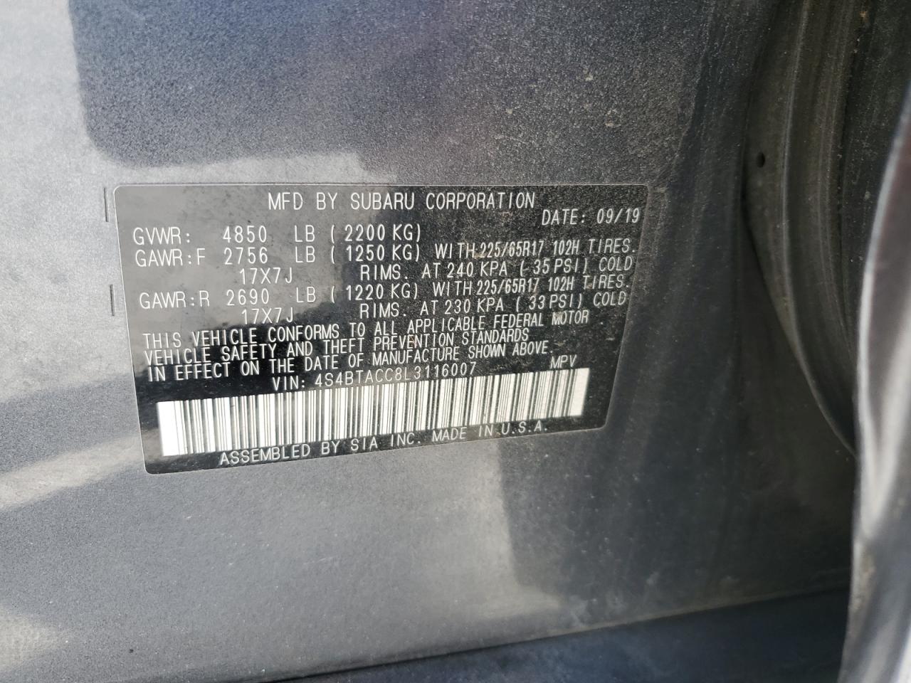 2020 Subaru Outback Premium VIN: 4S4BTACC8L3116007 Lot: 82362275