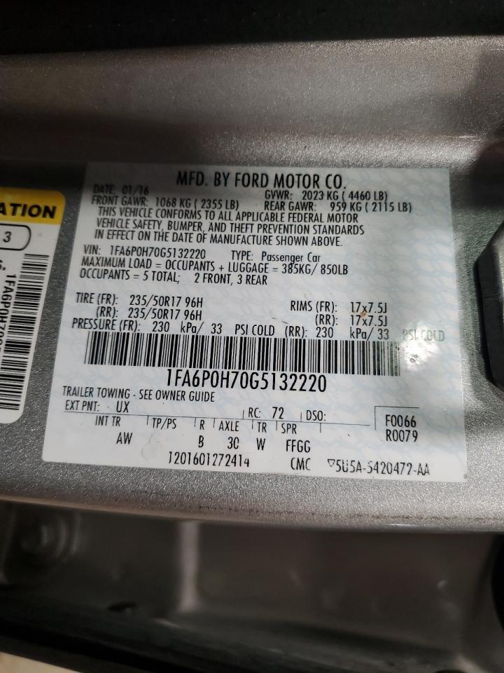 2016 Ford Fusion Se VIN: 1FA6P0H70G5132220 Lot: 90807475