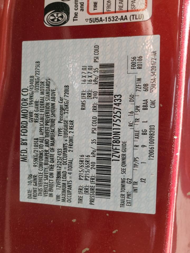 2007 Ford Mustang VIN: 1ZVFT80N175257433 Lot: 82391165