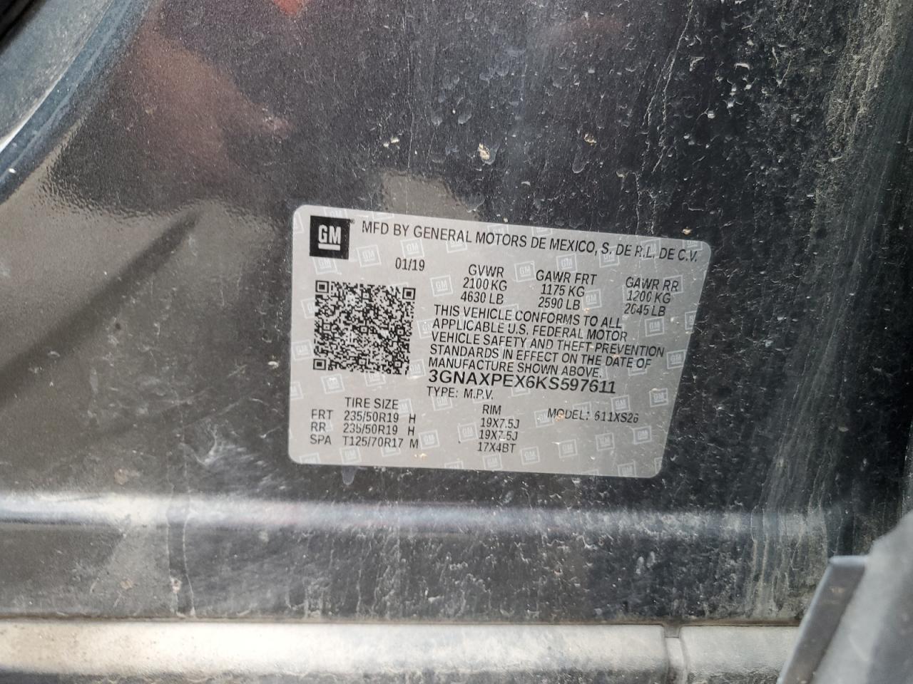 2019 Chevrolet Equinox Premier VIN: 3GNAXPEX6KS597611 Lot: 82449445