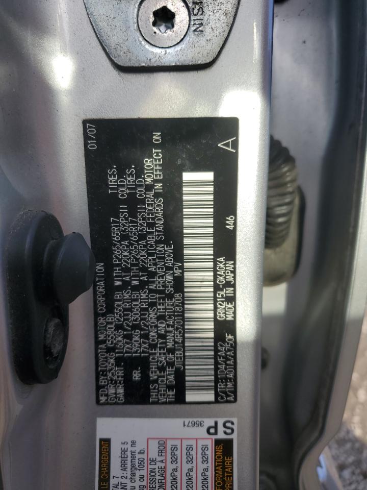 2007 Toyota 4Runner Sr5 VIN: JTEBU14R570118708 Lot: 85243225