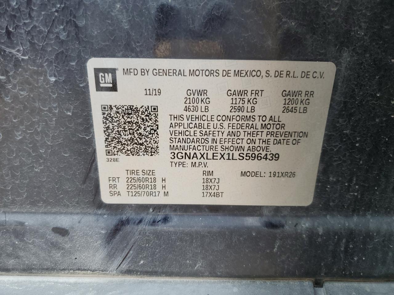 2020 Chevrolet Equinox Lt VIN: 3GNAXLEX1LS596439 Lot: 85871645