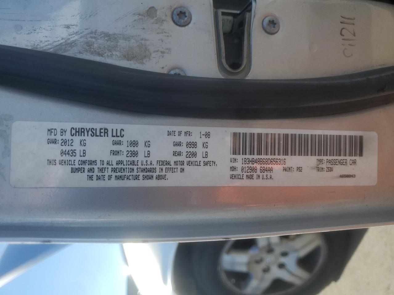 2008 Dodge Caliber Sxt VIN: 1B3HB48B68D656316 Lot: 90352265