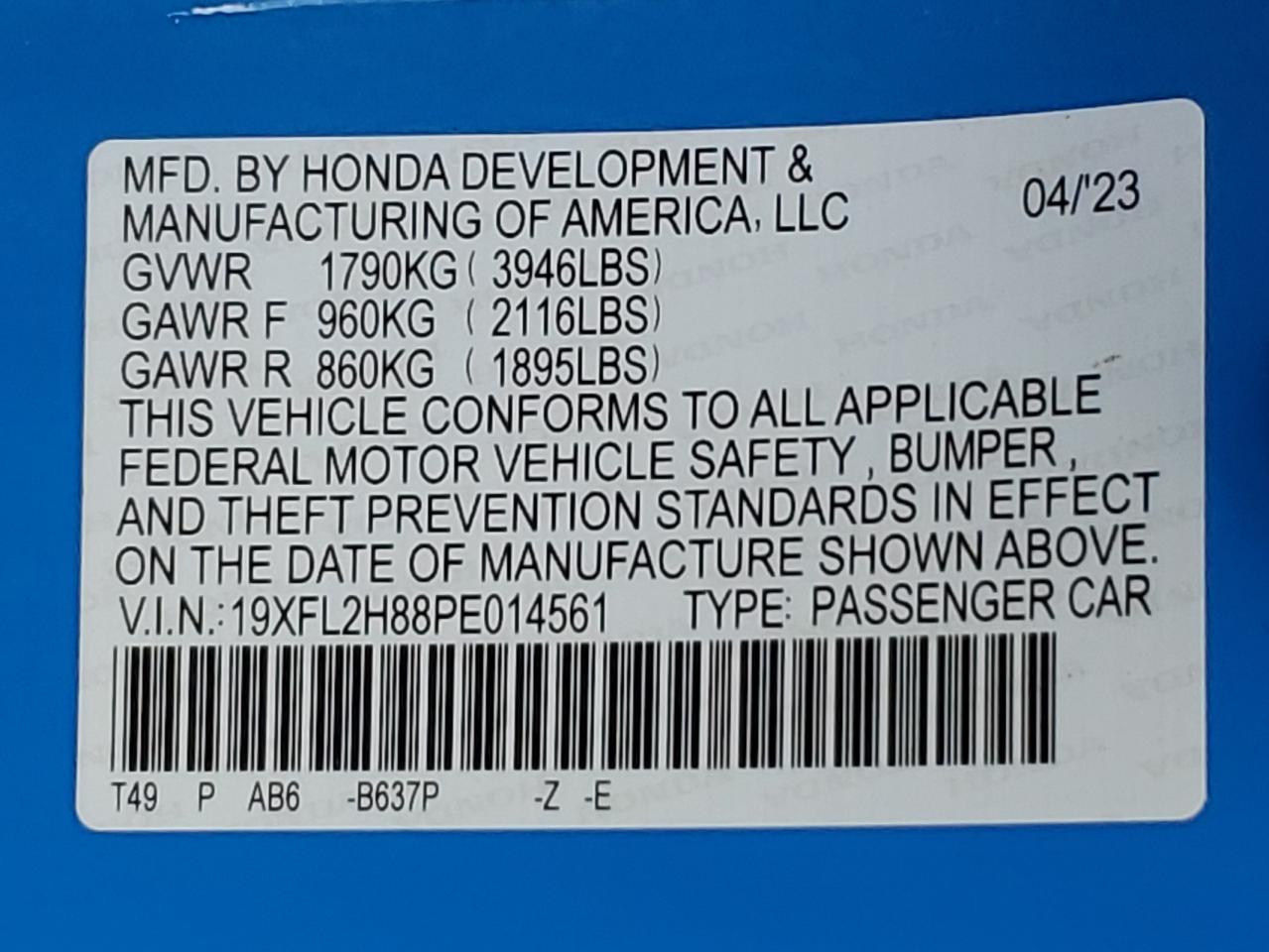 2023 Honda Civic Sport VIN: 19XFL2H88PE014561 Lot: 85494065
