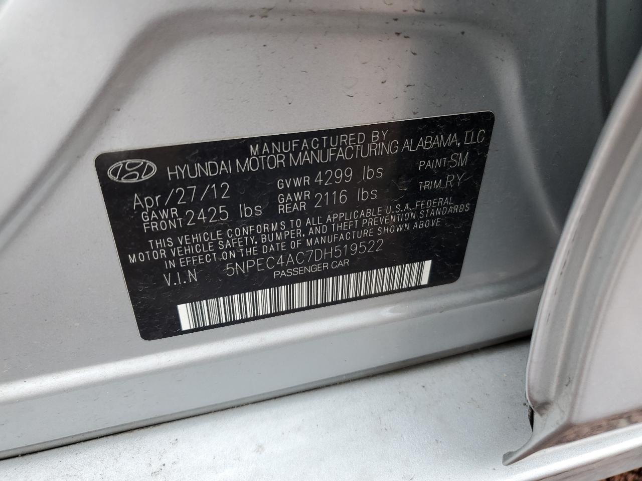 2013 Hyundai Sonata Se VIN: 5NPEC4AC7DH519522 Lot: 82352785