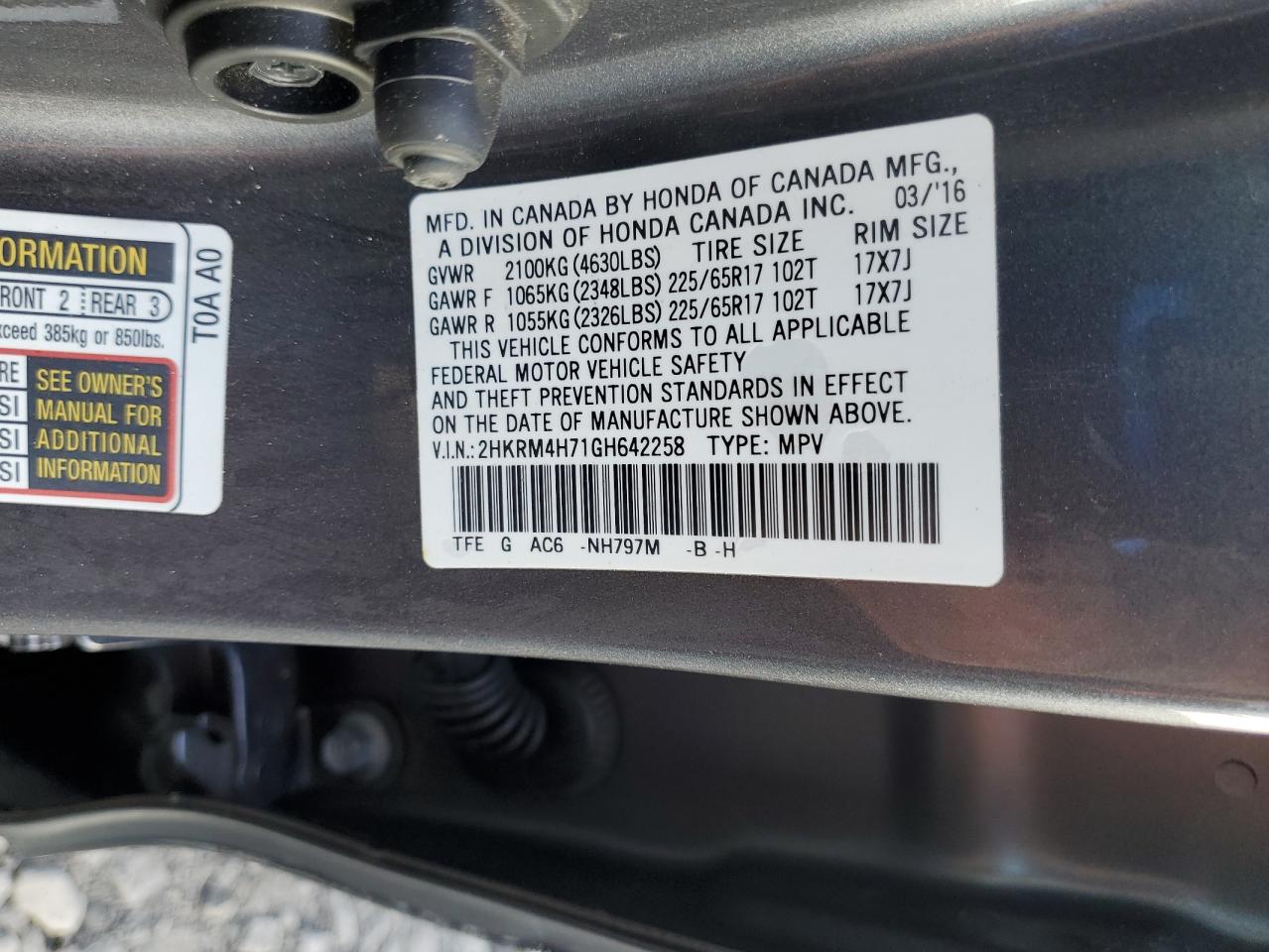 2016 Honda Cr-V Exl VIN: 2HKRM4H71GH642258 Lot: 81839105