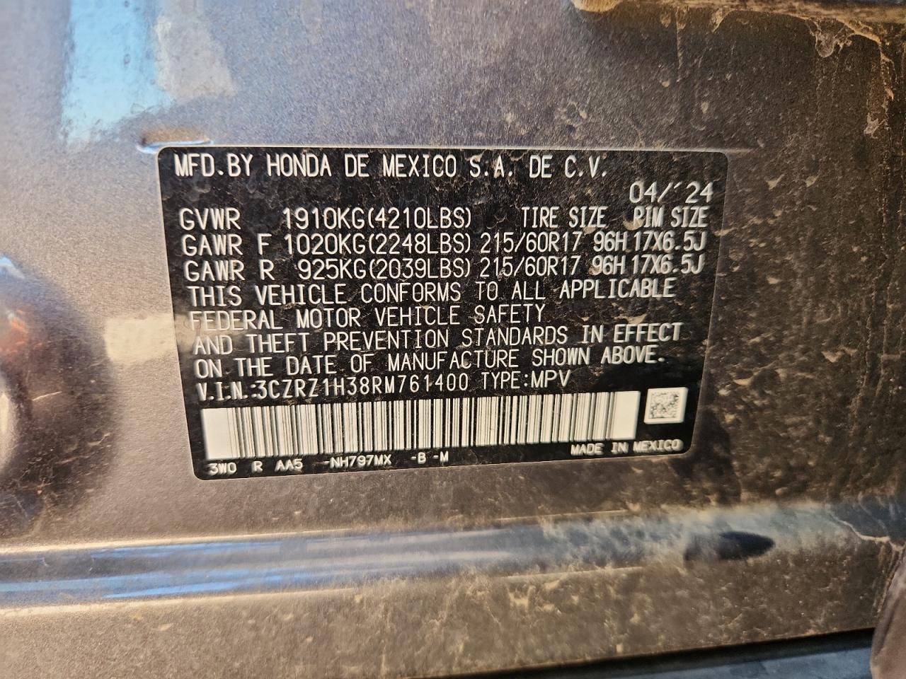 2024 Honda Hr-V Lx VIN: 3CZRZ1H38RM761400 Lot: 86896385