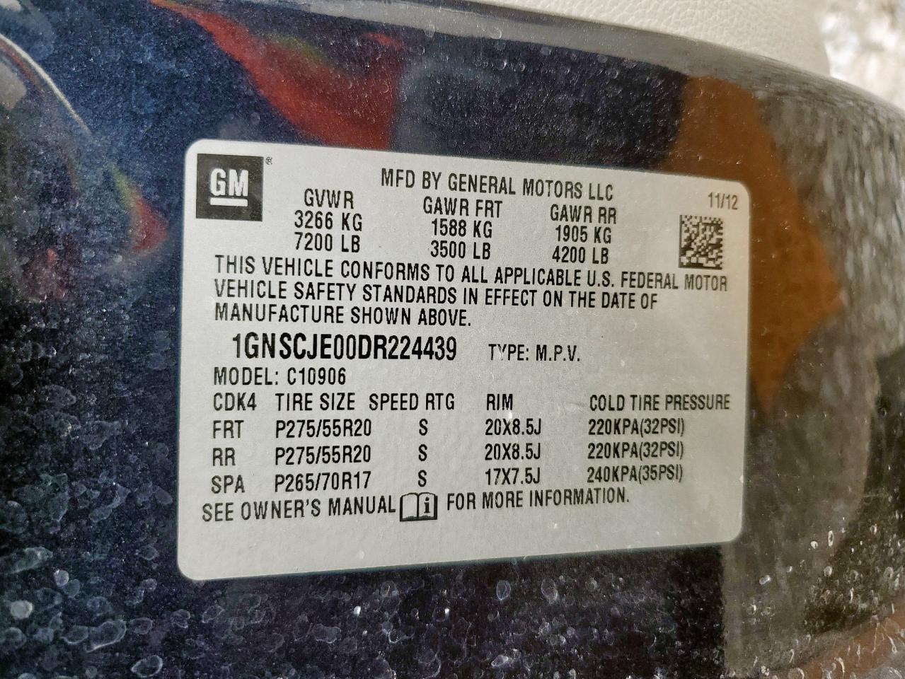 2013 Chevrolet Suburban C1500 Lt VIN: 1GNSCJE00DR224439 Lot: 87289995