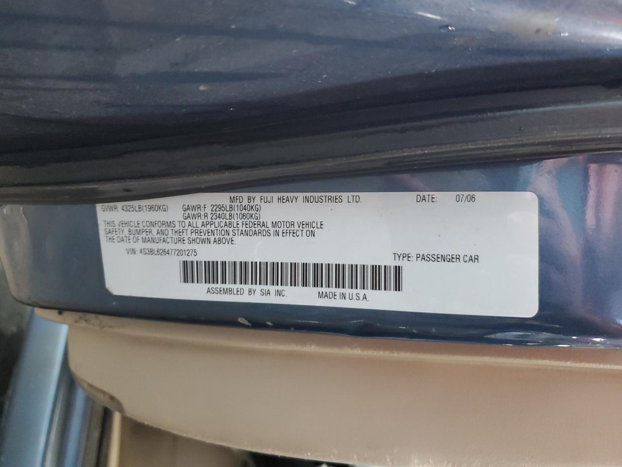 2007 Subaru Legacy 2.5I Limited VIN: 4S3BL626477201275 Lot: 84773425