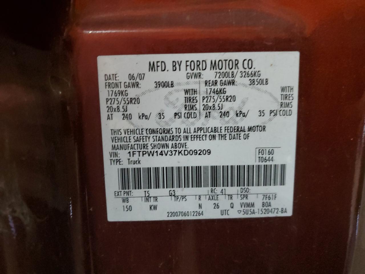 2007 Ford F150 Supercrew VIN: 1FTPW14V37KD09209 Lot: 85103795