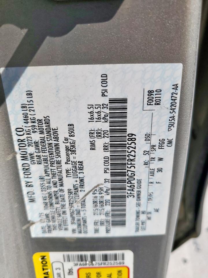 2015 Ford Fusion S VIN: 3FA6P0G75FR252589 Lot: 82322465