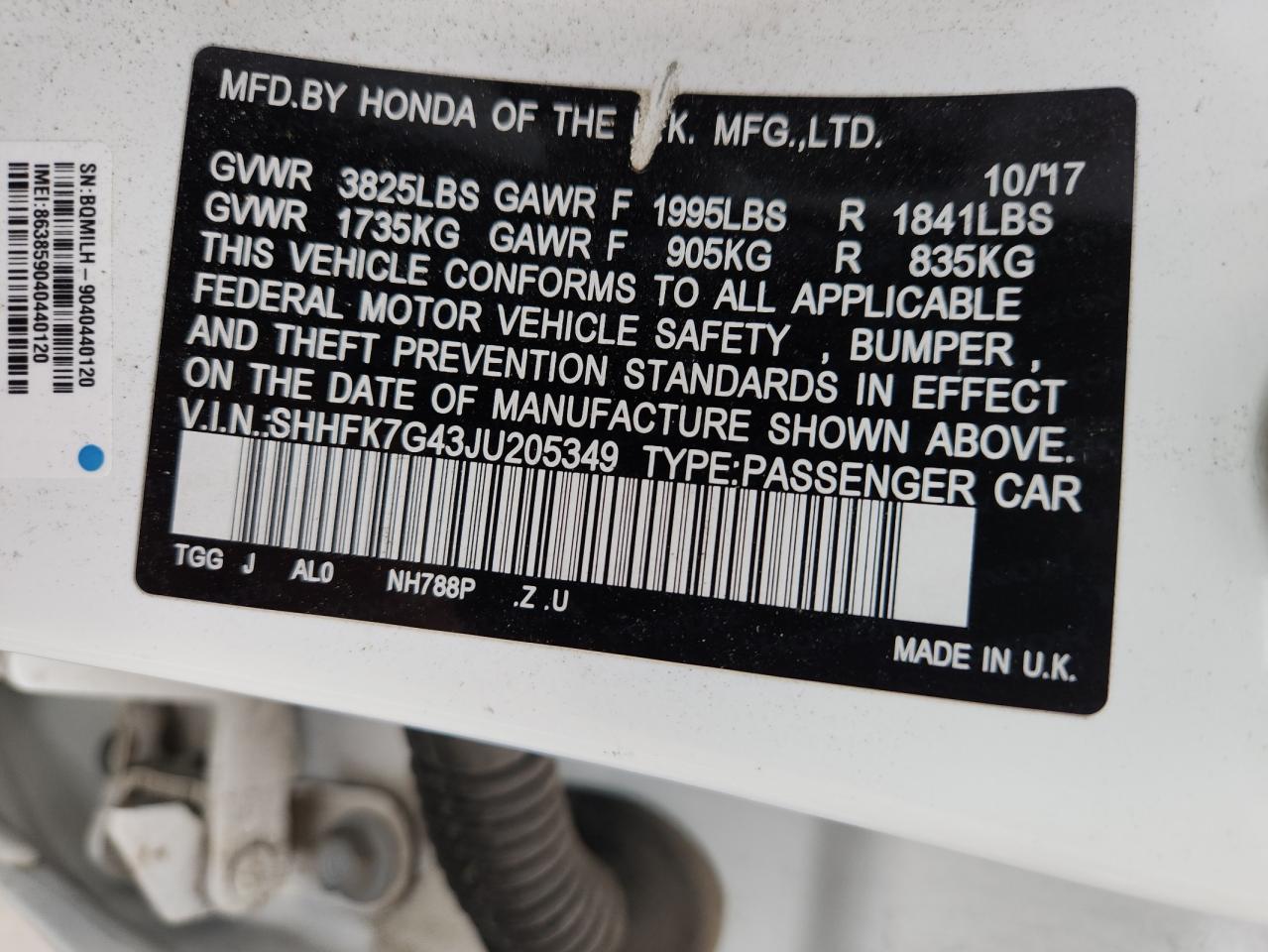 2018 Honda Civic Sport VIN: SHHFK7G43JU205349 Lot: 82353185