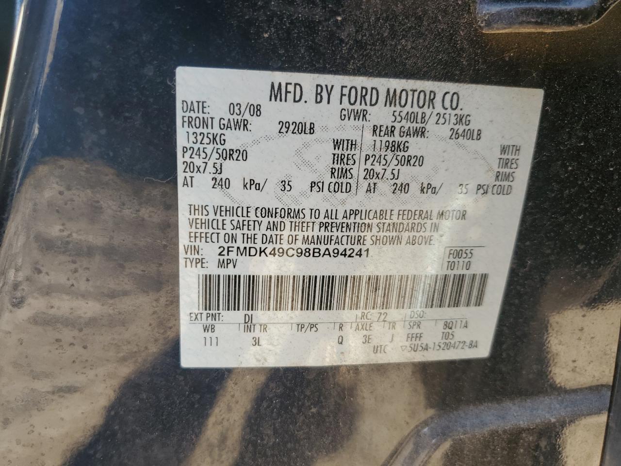 2008 Ford Edge Limited VIN: 2FMDK49C98BA94241 Lot: 84956005