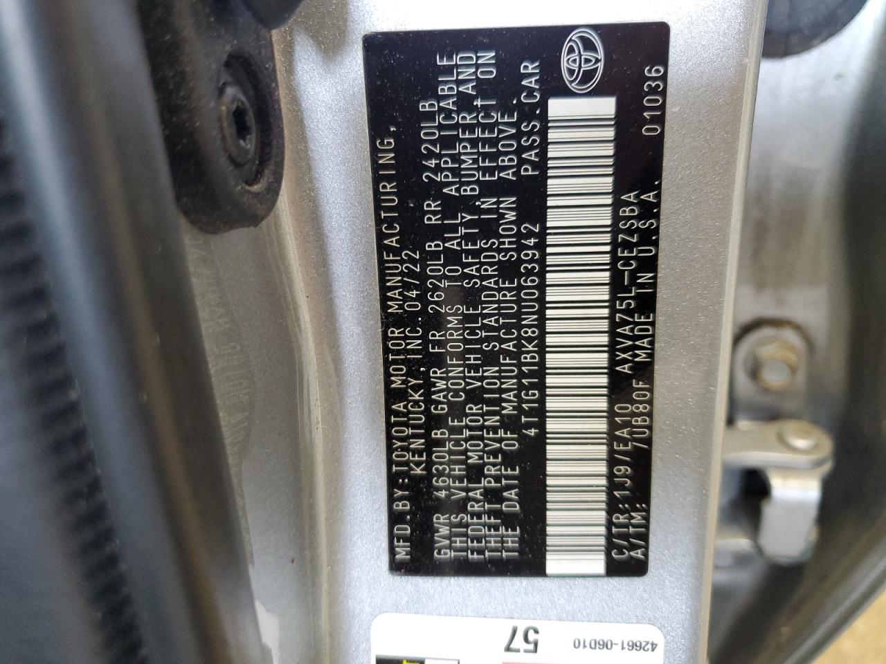 2022 Toyota Camry Se VIN: 4T1G11BK8NU063942 Lot: 82404875