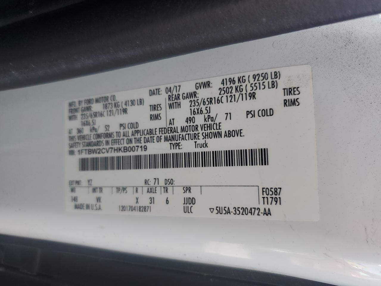 2017 Ford Transit Delivery Van VIN: 1FTBW2CV7HKB00719 Lot: 89875385