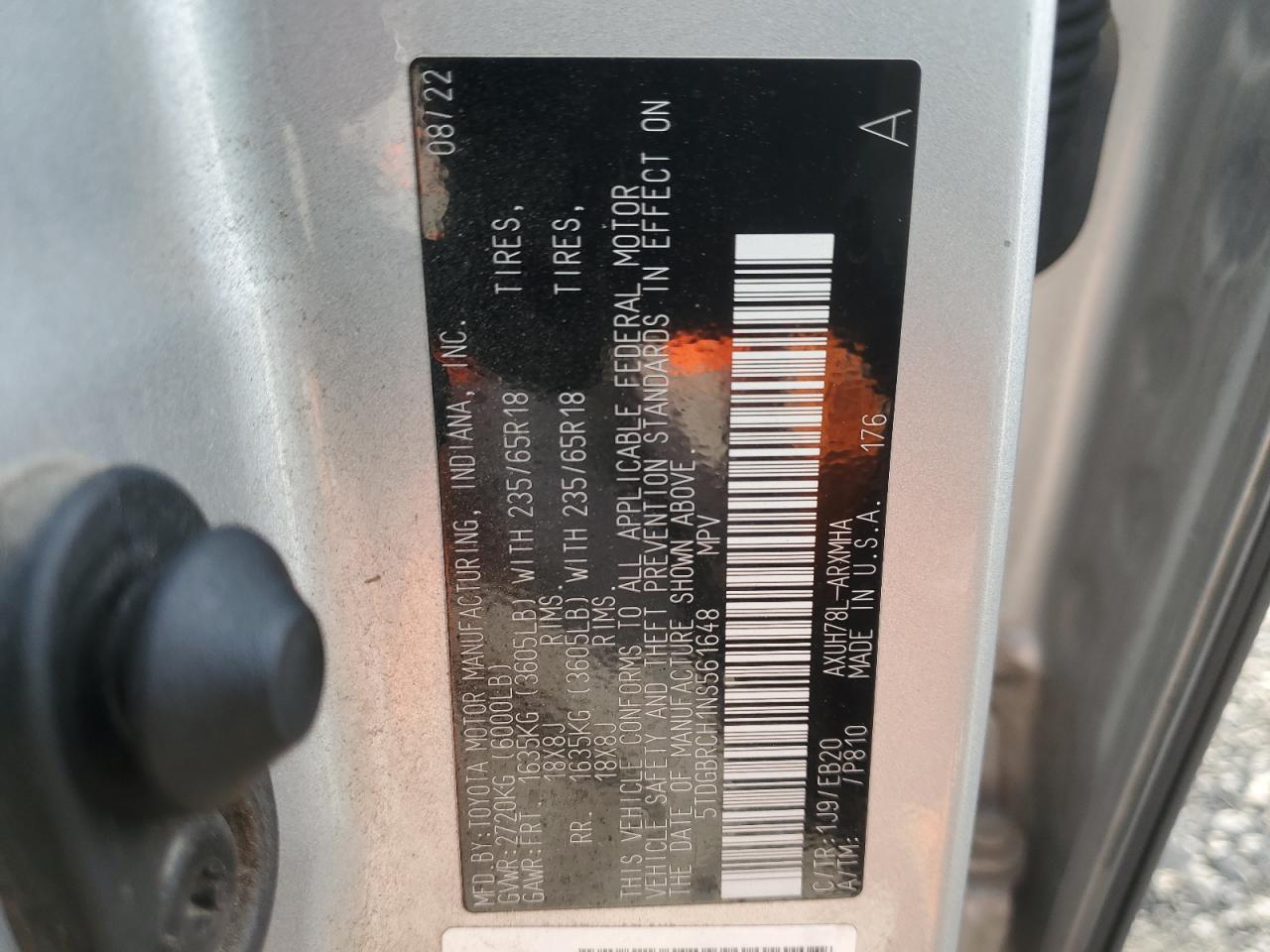 2022 Toyota Highlander Hybrid Xle VIN: 5TDGBRCH1NS561648 Lot: 85149315