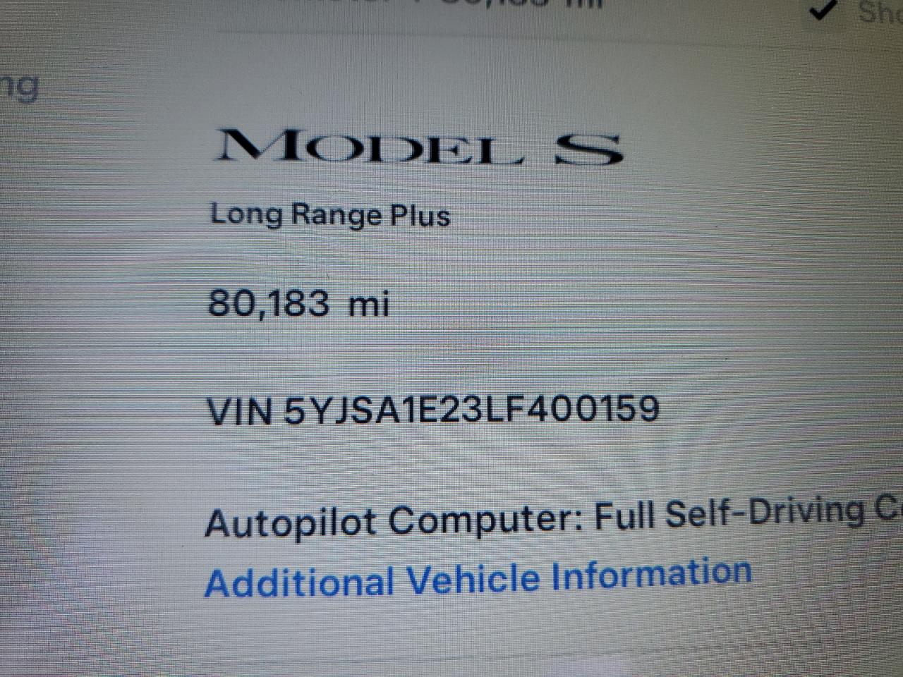 2020 Tesla Model S VIN: 5YJSA1E23LF400159 Lot: 81981805