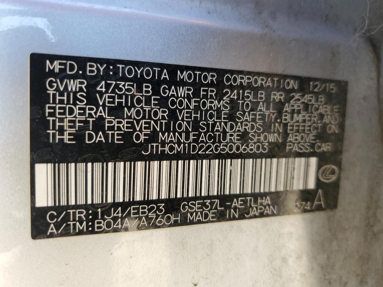 2016 Lexus Is 300 VIN: JTHCM1D22G5006803 Lot: 82176715