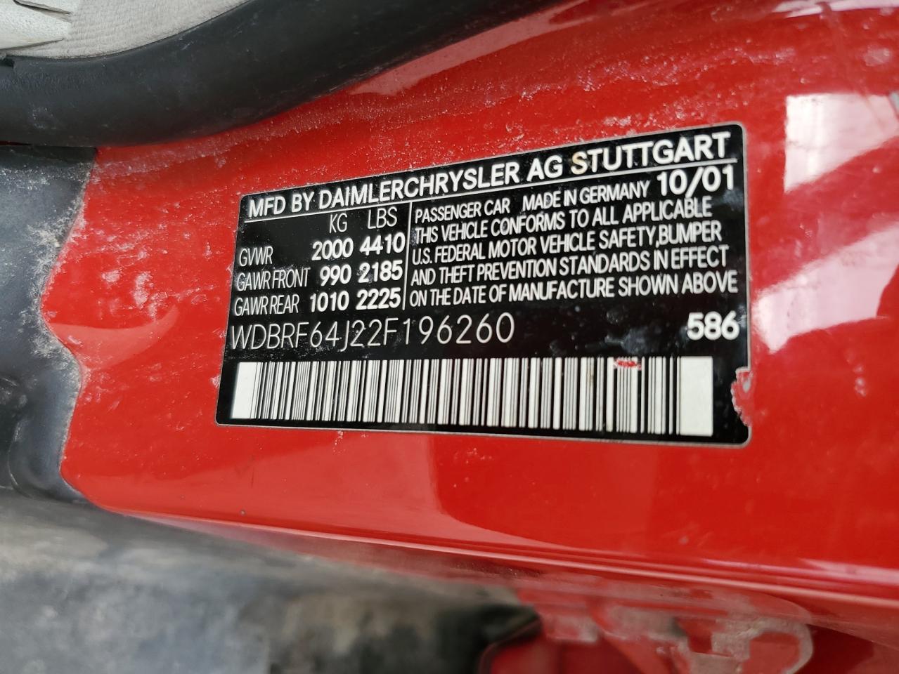 2002 Mercedes-Benz C 320 VIN: WDBRF64J22F196260 Lot: 85289145