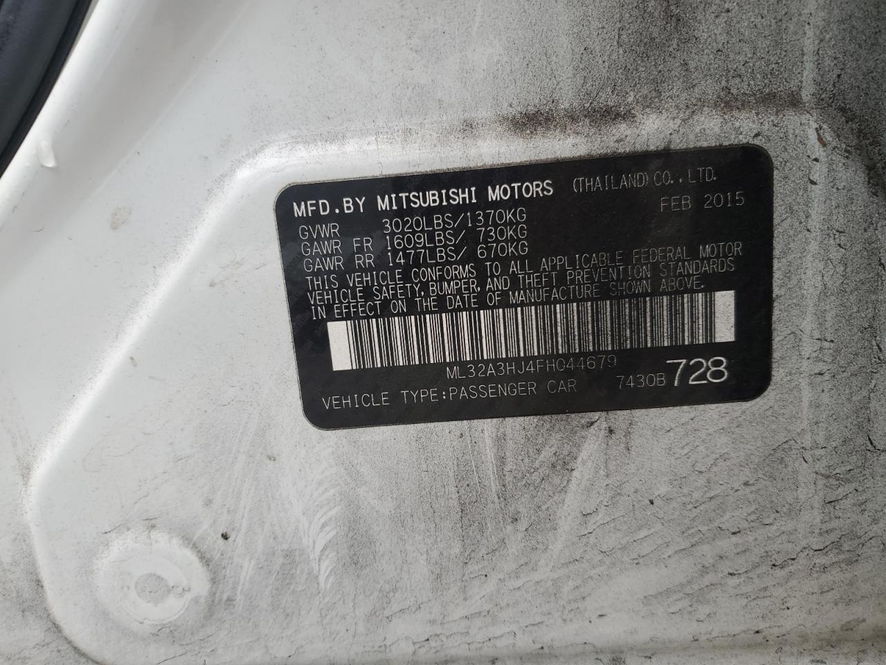 2015 Mitsubishi Mirage De VIN: ML32A3HJ4FH044679 Lot: 90459865