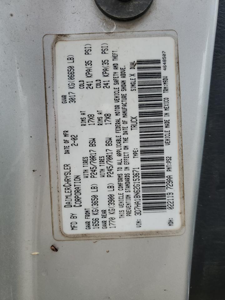 2002 Dodge Ram 1500 VIN: 3D7HA18N62G153671 Lot: 89922185