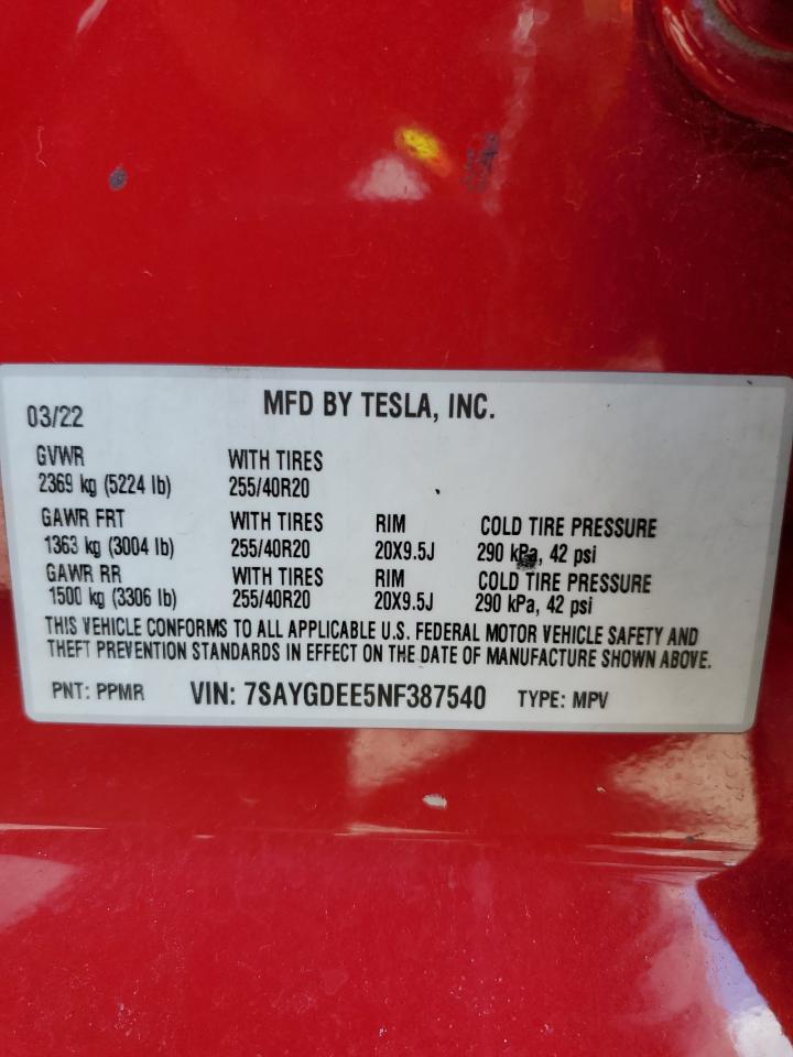 2022 Tesla Model Y VIN: 7SAYGDEE5NF387540 Lot: 90804325
