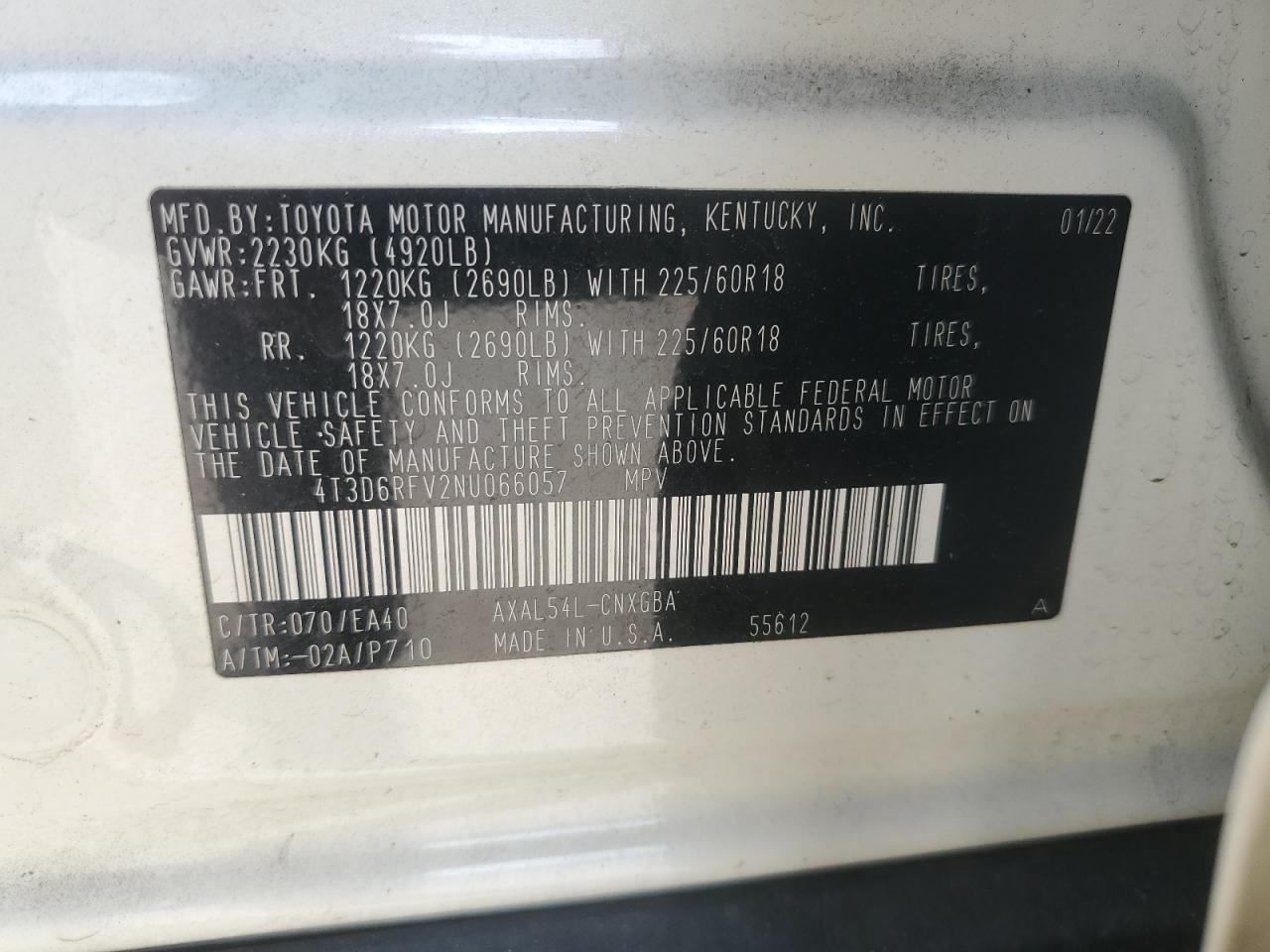 2022 Toyota Rav4 Limited VIN: 4T3D6RFV2NU066057 Lot: 84865905