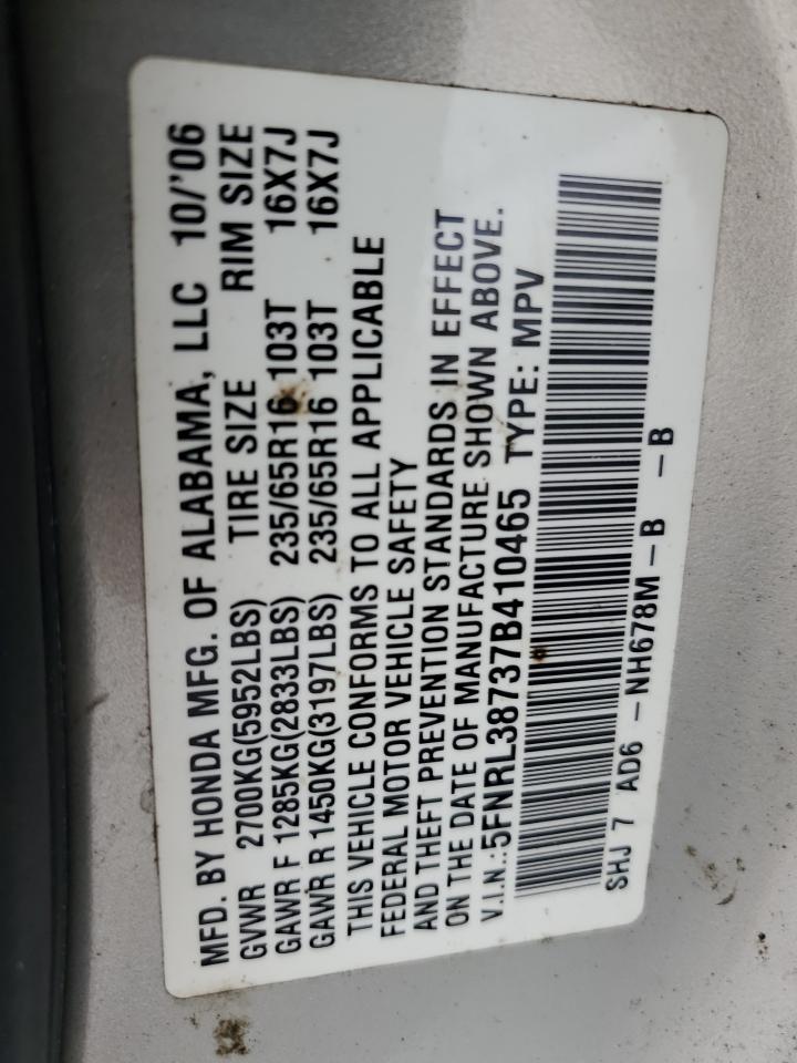 2007 Honda Odyssey Exl VIN: 5FNRL38737B410465 Lot: 86294335