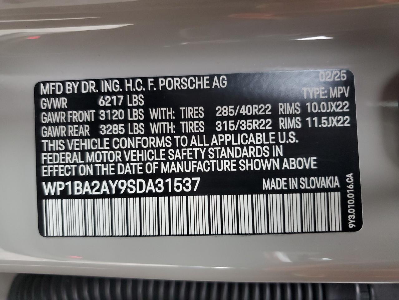 2025 Porsche Cayenne Coupe VIN: WP1BA2AY9SDA31537 Lot: 85188115