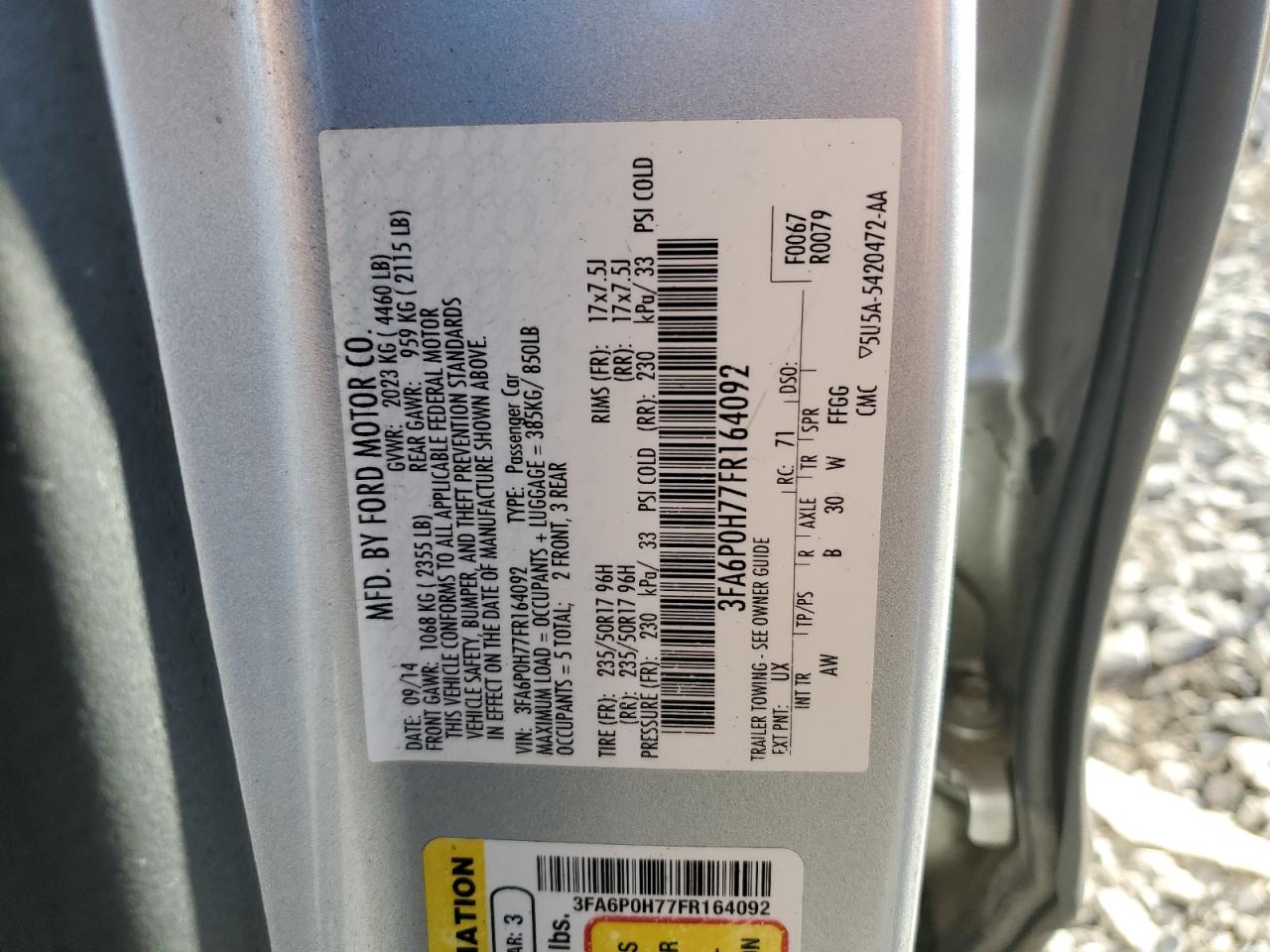 2015 Ford Fusion Se VIN: 3FA6P0H77FR164092 Lot: 91062575