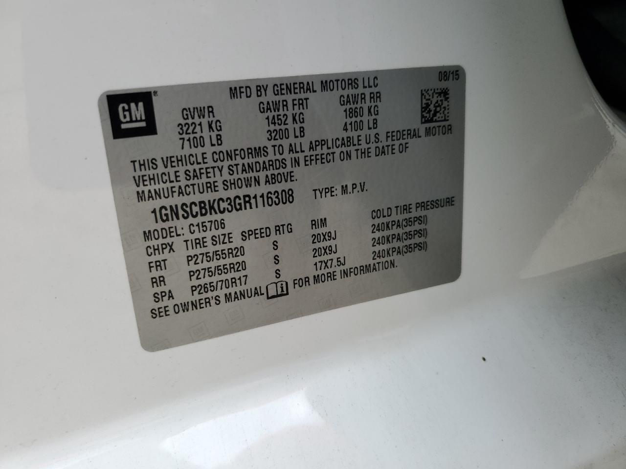 2016 Chevrolet Tahoe C1500 Lt VIN: 1GNSCBKC3GR116308 Lot: 81594265