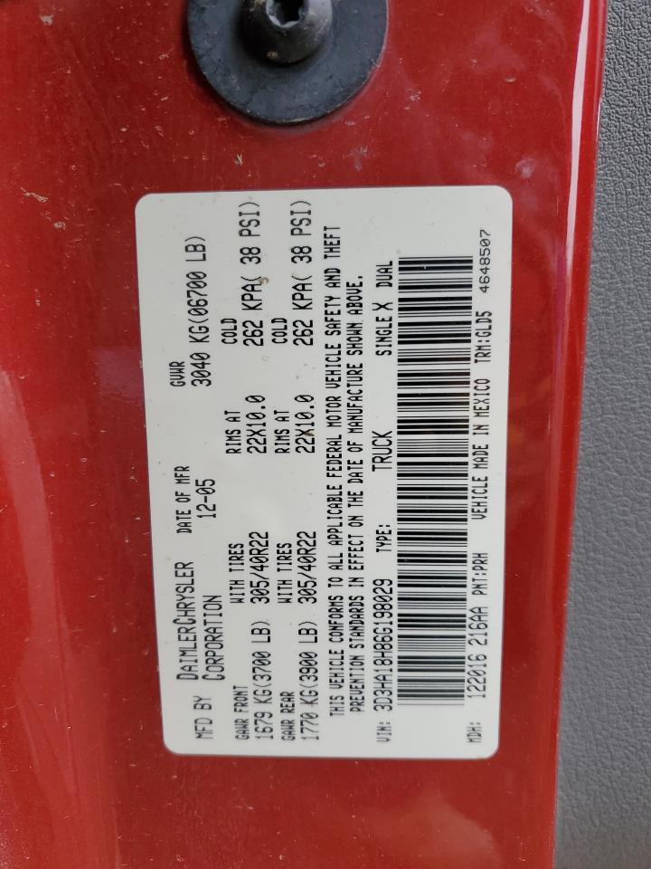 2006 Dodge Ram Srt10 VIN: 3D3HA18H86G198029 Lot: 85548535