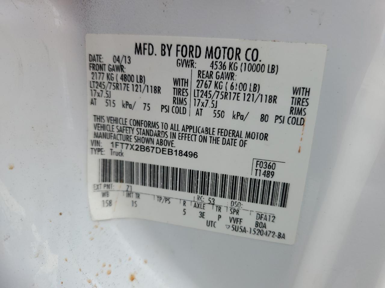 2013 Ford F250 Super Duty VIN: 1FT7X2B67DEB18496 Lot: 81859045