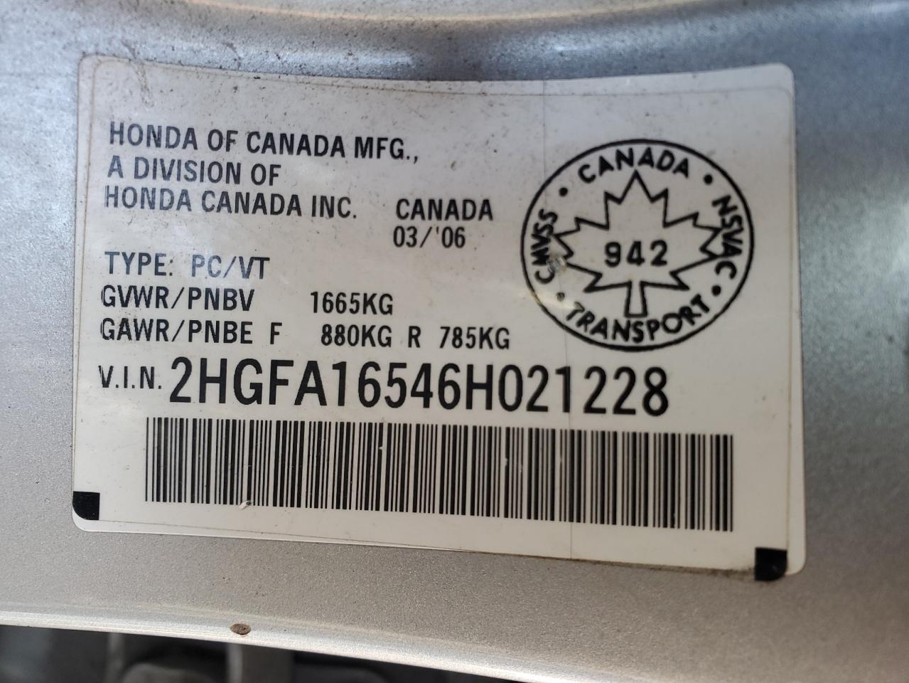 2006 Honda Civic Lx VIN: 2HGFA16546H021228 Lot: 80393145