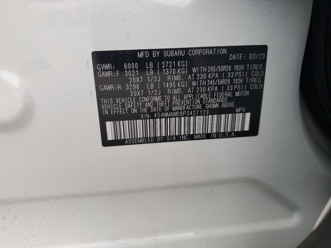 2023 Subaru Ascent Touring VIN: 4S4WMAWD8P3427123 Lot: 89885025