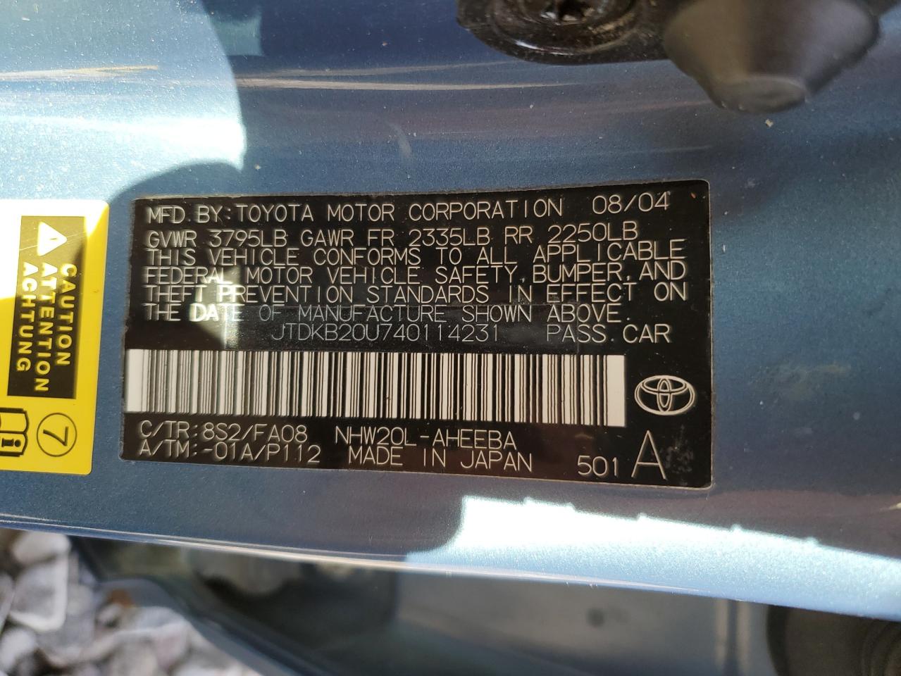 2004 Toyota Prius VIN: JTDKB20U740114231 Lot: 86146345