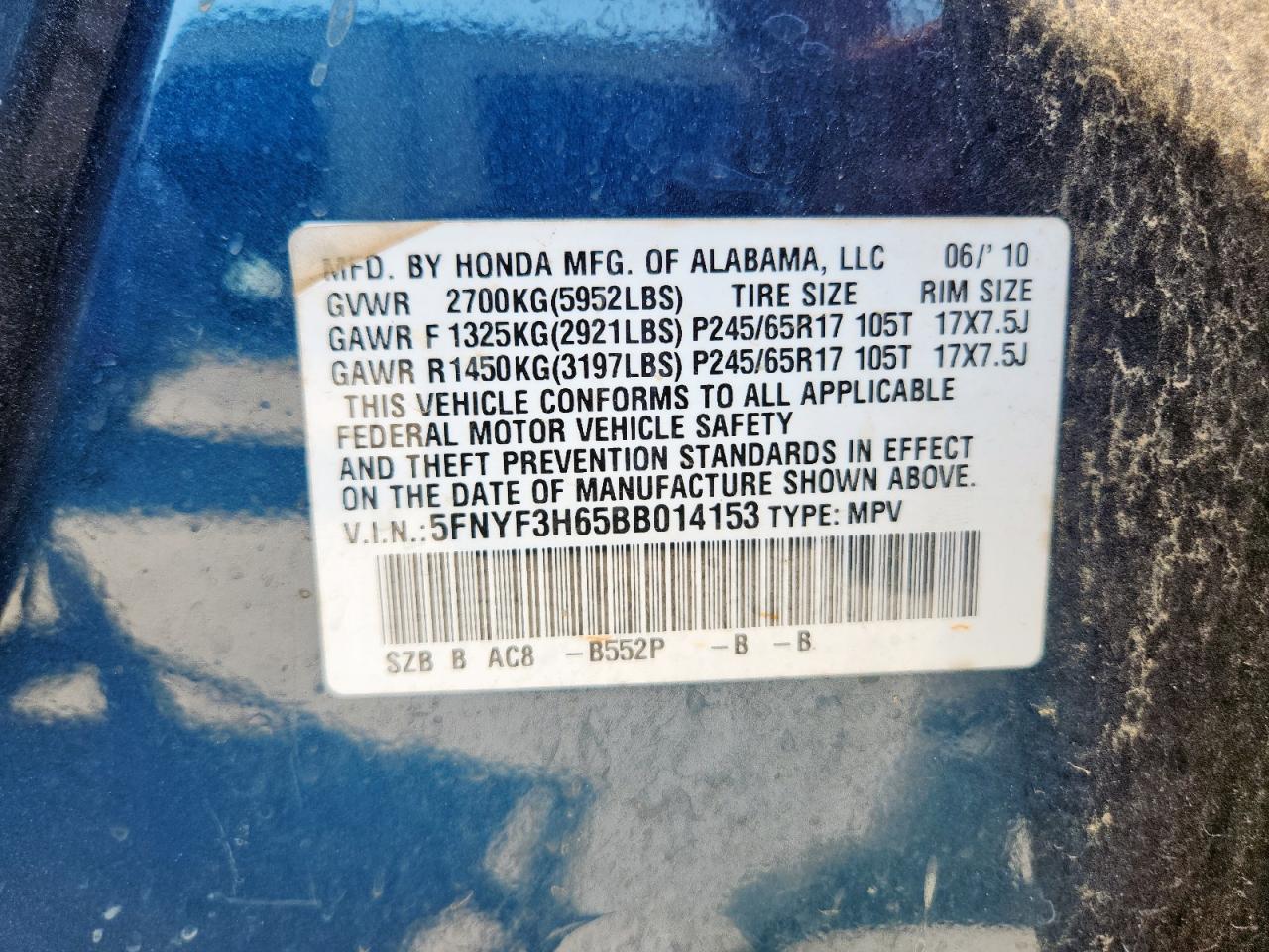 2011 Honda Pilot Exl VIN: 5FNYF3H65BB014153 Lot: 86491315