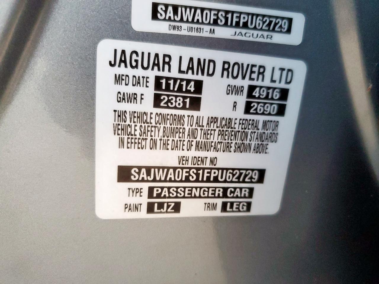 2015 Jaguar Xf 2.0T Premium VIN: SAJWA0FS1FPU62729 Lot: 85919185