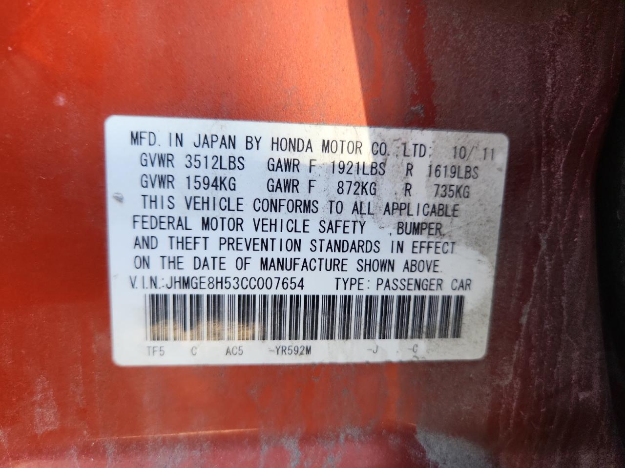 2012 Honda Fit Sport VIN: JHMGE8H53CC007654 Lot: 86183895