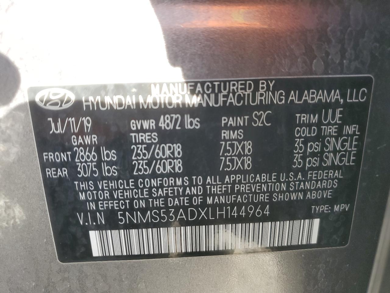 2020 Hyundai Santa Fe Limited VIN: 5NMS53ADXLH144964 Lot: 82449015