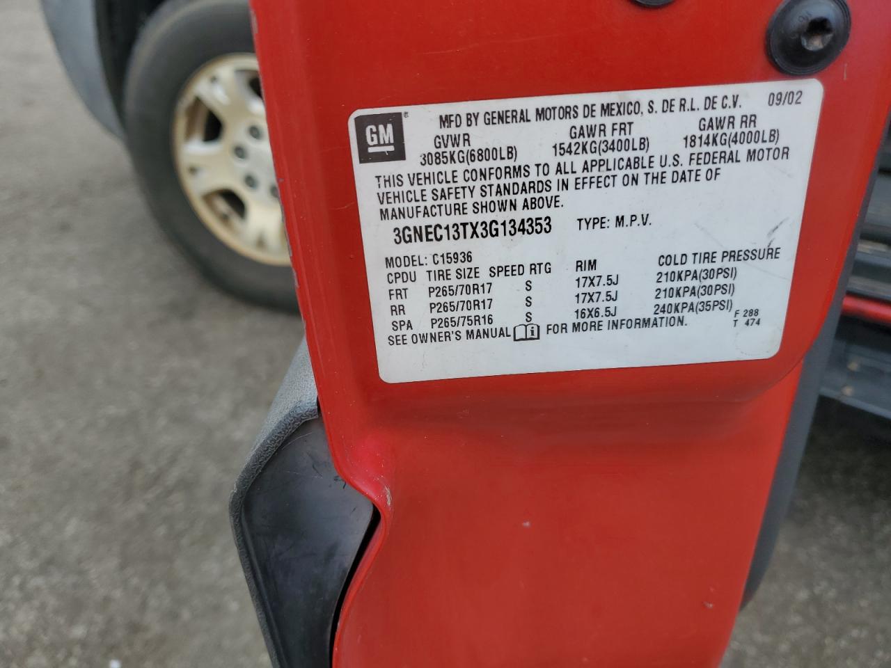 2003 Chevrolet Avalanche C1500 VIN: 3GNEC13TX3G134353 Lot: 86152415