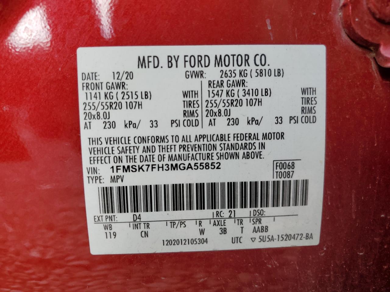 2021 Ford Explorer Limited VIN: 1FMSK7FH3MGA55852 Lot: 85569135