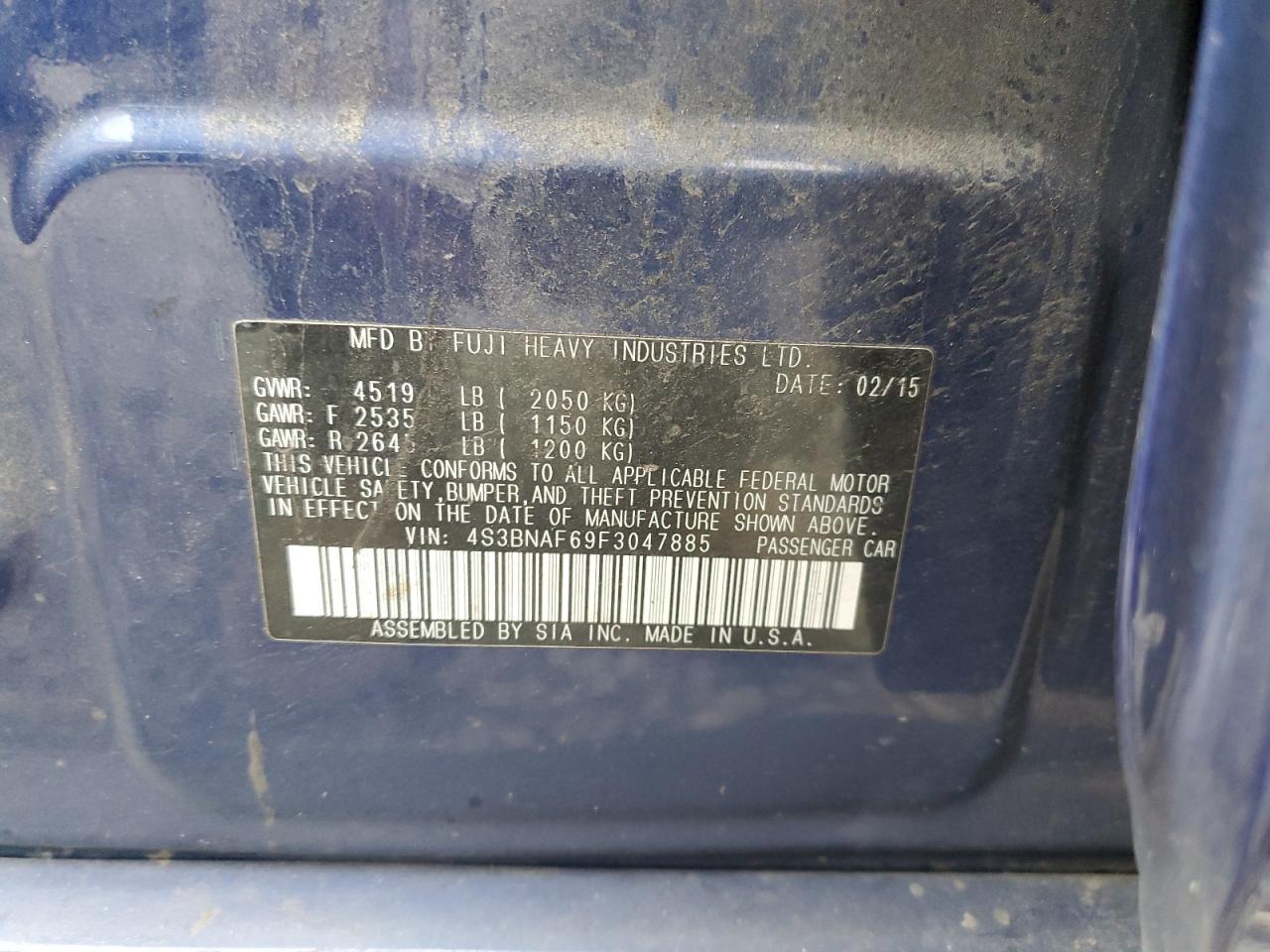 2015 Subaru Legacy 2.5I Premium VIN: 4S3BNAF69F3047885 Lot: 89479945