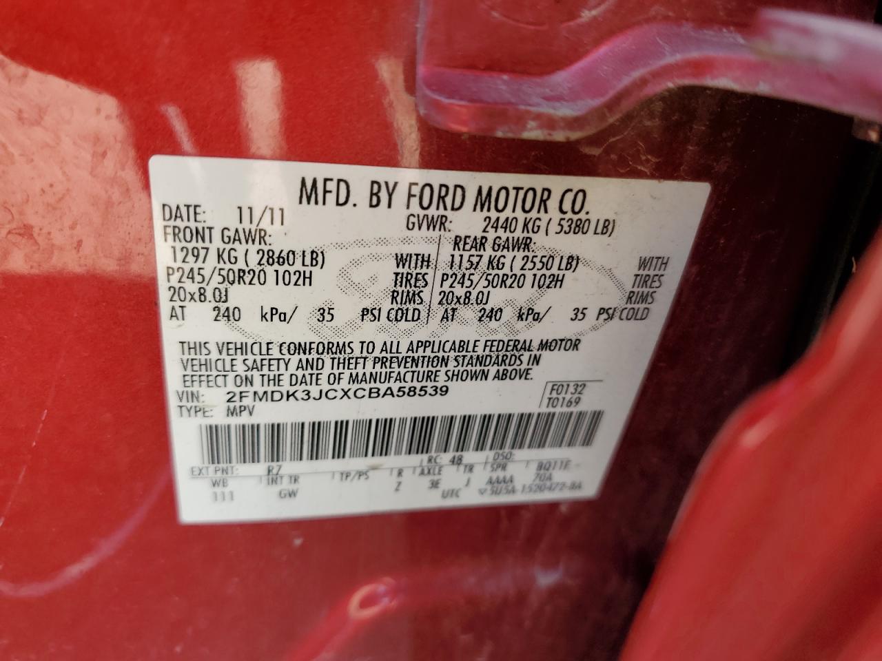 2012 Ford Edge Sel VIN: 2FMDK3JCXCBA58539 Lot: 82401905