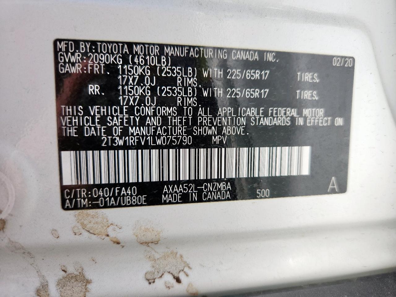 2020 Toyota Rav4 Xle VIN: 2T3W1RFV1LW075790 Lot: 85846945