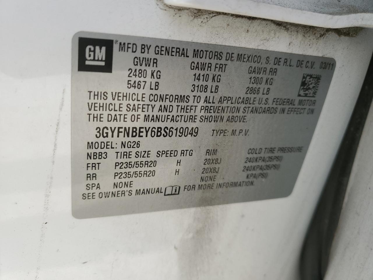 2011 Cadillac Srx Performance Collection VIN: 3GYFNBEY6BS619049 Lot: 87384155