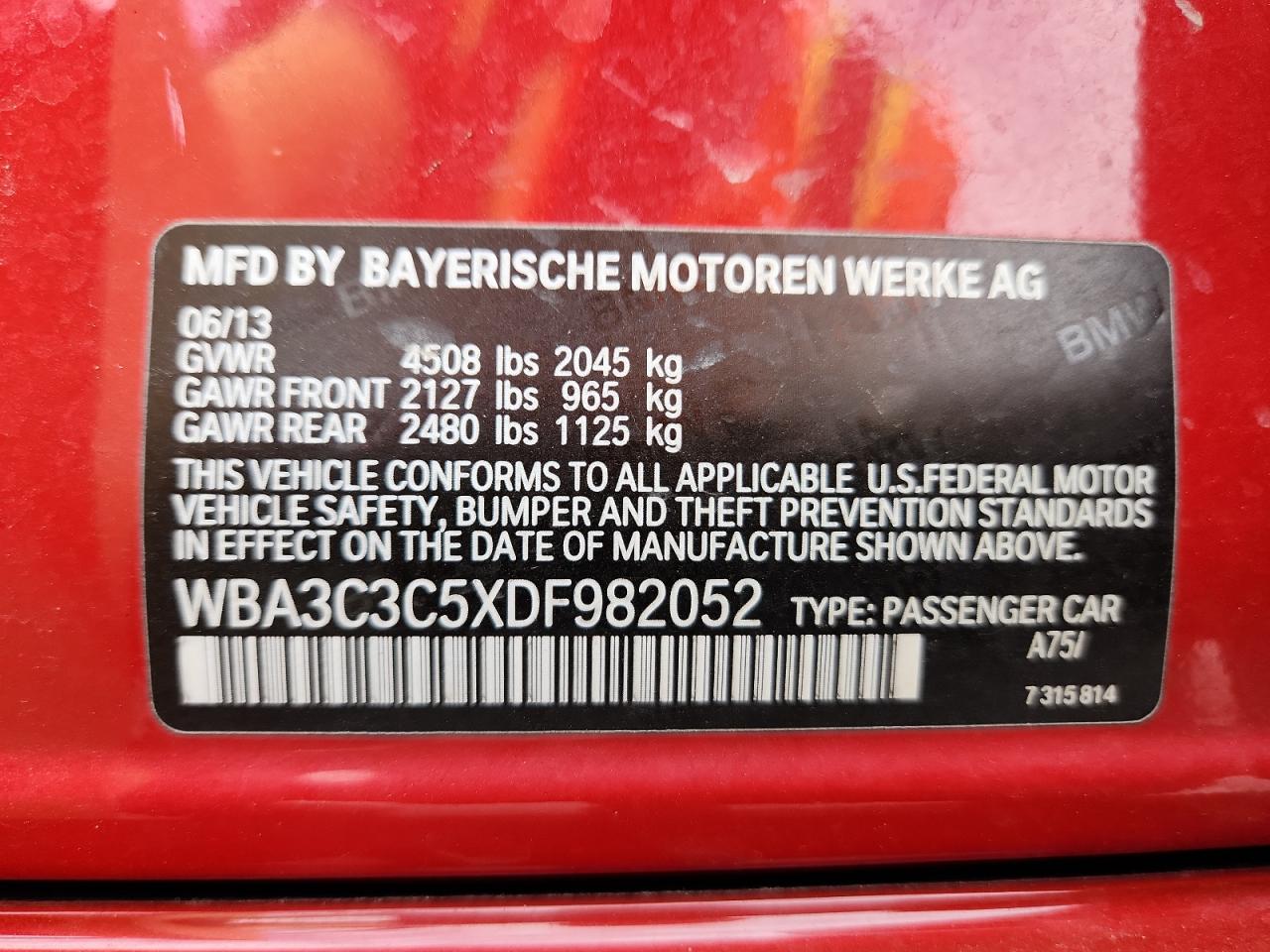 2013 BMW 320 I xDrive VIN: WBA3C3C5XDF982052 Lot: 85542825